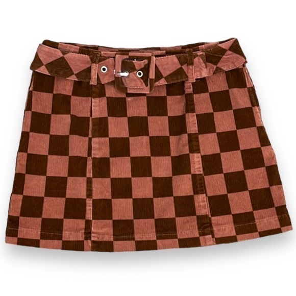 Womens Go-go Mini Skirt Size 6 Corduroy Chestnut Check Belt 70s Wild Fable - Picture 1 of 12